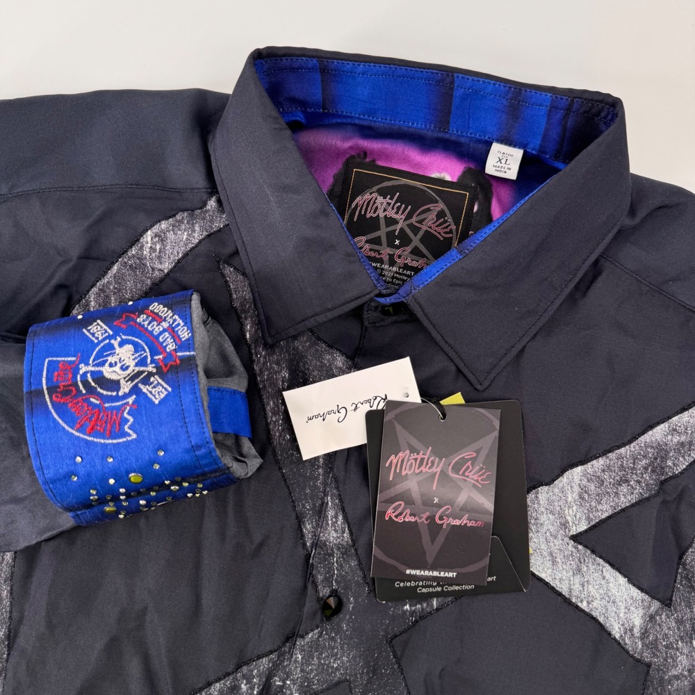 Robert Graham Motley Crue Shirt Mens XL Black Merry Go Round Crystal Skull NWT